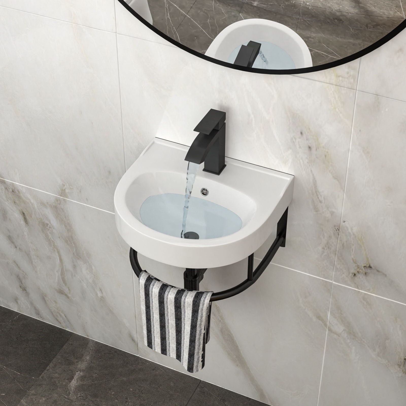 Wall Mounted Bathroom Sink With Towel Bar And Faucet - White / Black