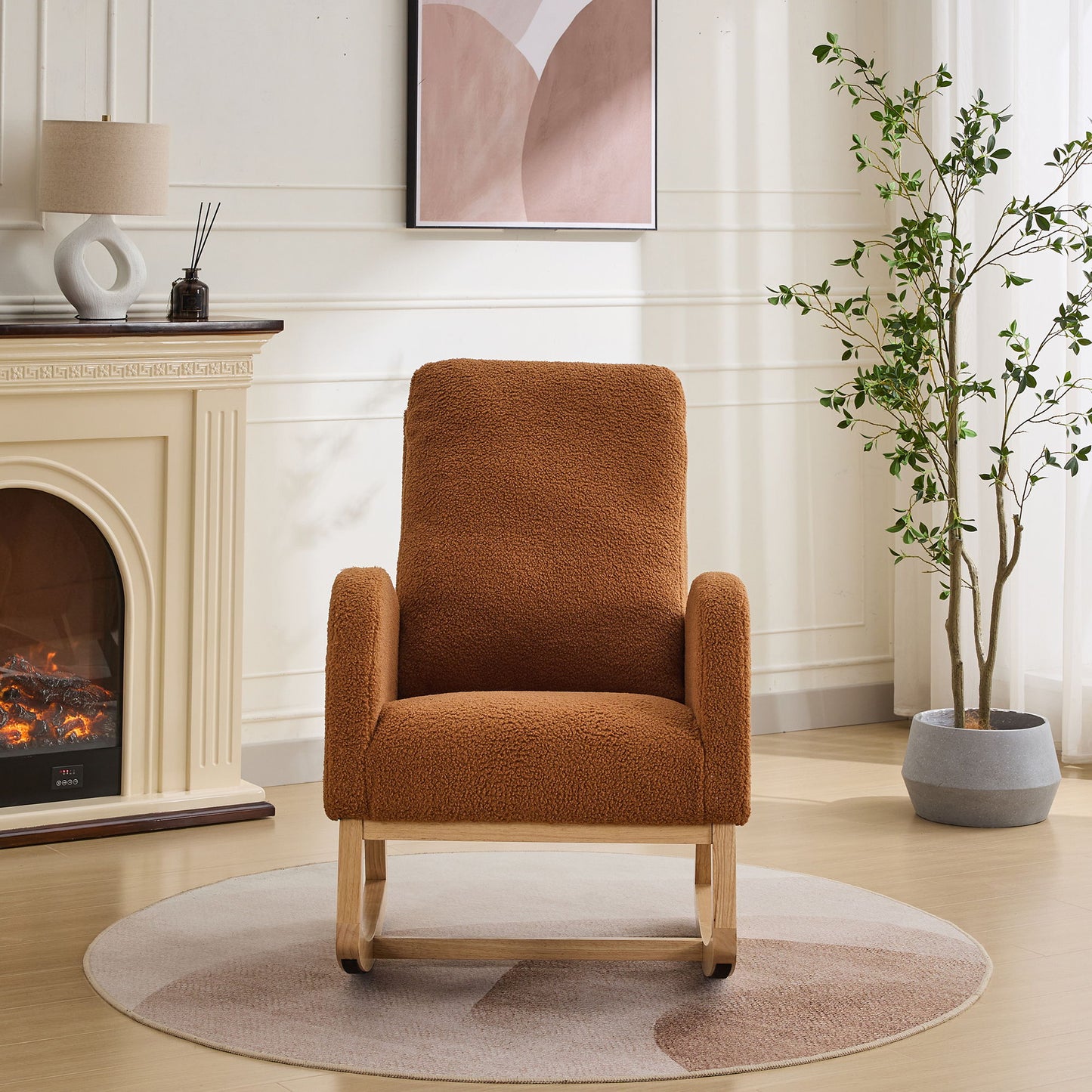 Rocking Chair For Nursery, Sherpa Glider Chair With High Back And Side Pocket, Rocking Accent Armchair With Rubber Wood Legs For Living Room / Bedroom