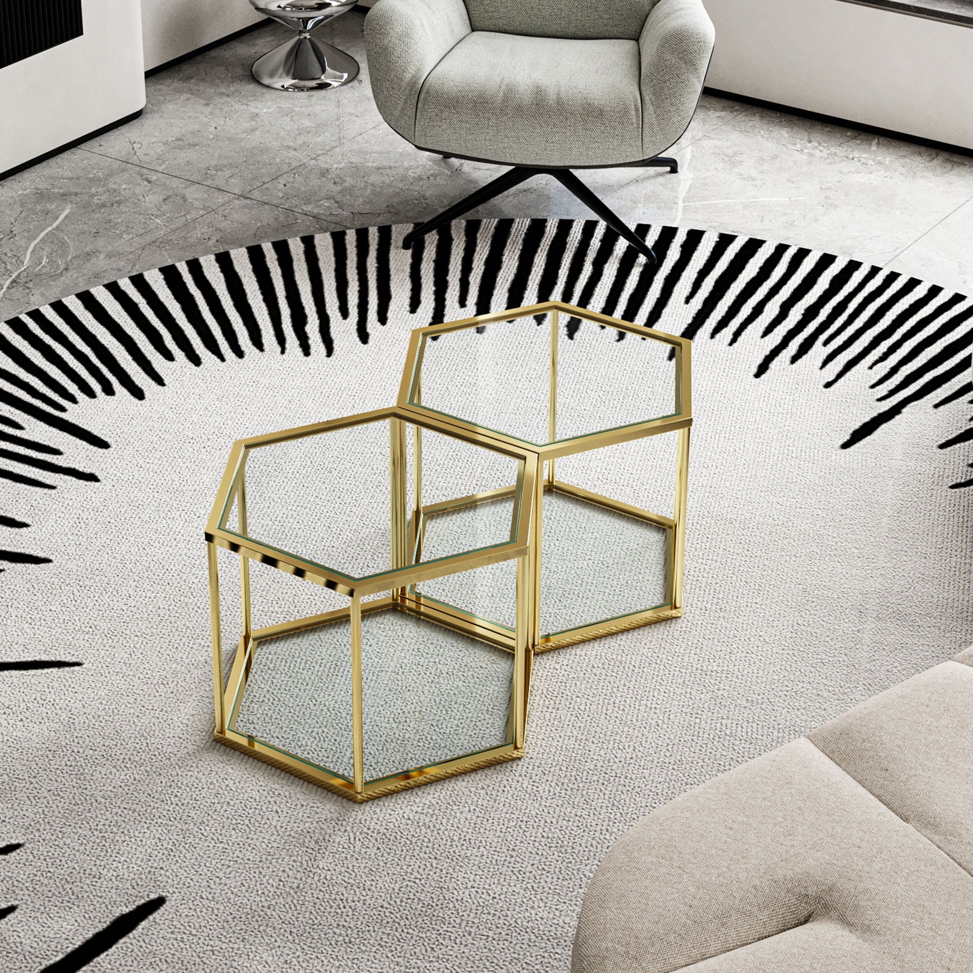 Modern Coffee Table With Double Layer Tempered Glass And Polygonal Design
