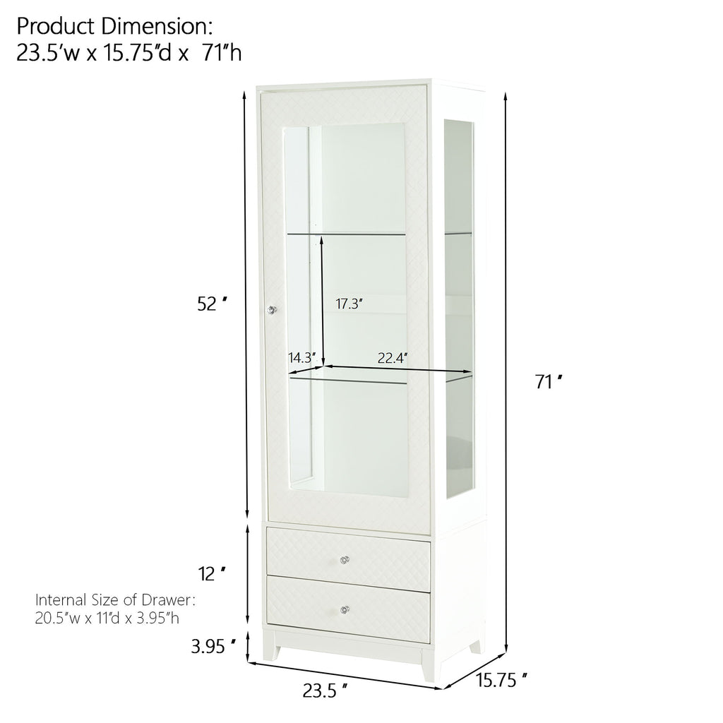 Modern Upholstered Glass Display Cabinet With Adjustable LED Light - White