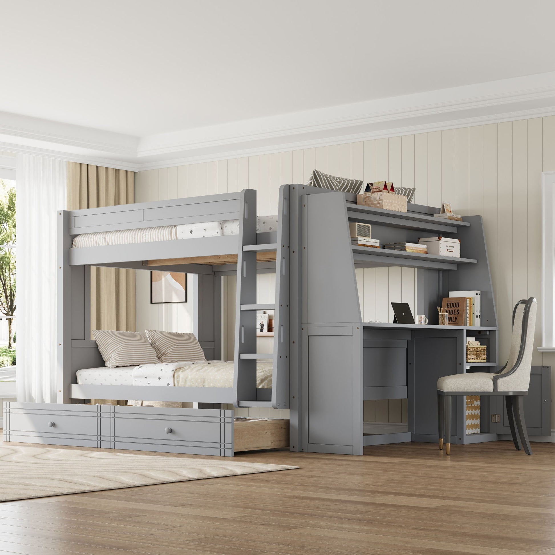 Multifunctional Bunk Bed With Desk, Bookshelves