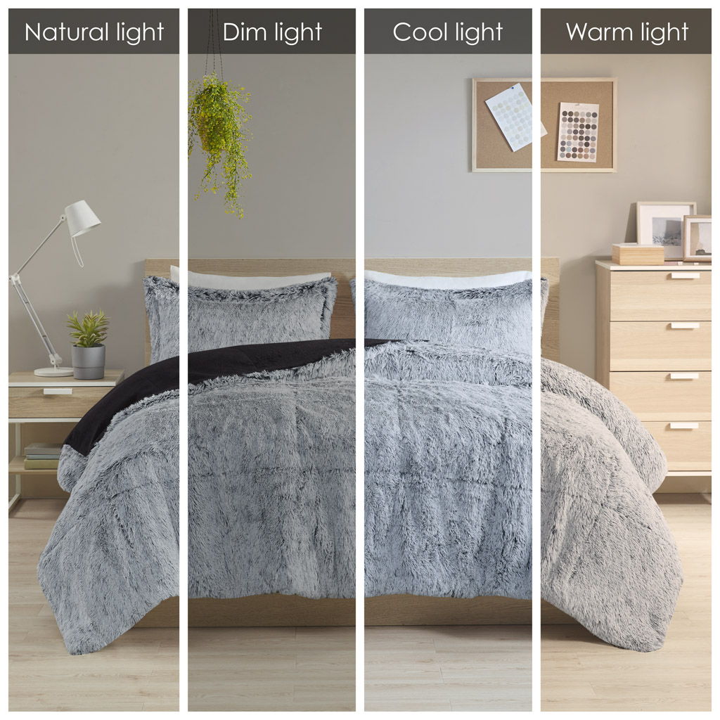 Malea - Shaggy Long Fur Comforter Mini Set - Black / Light Blue