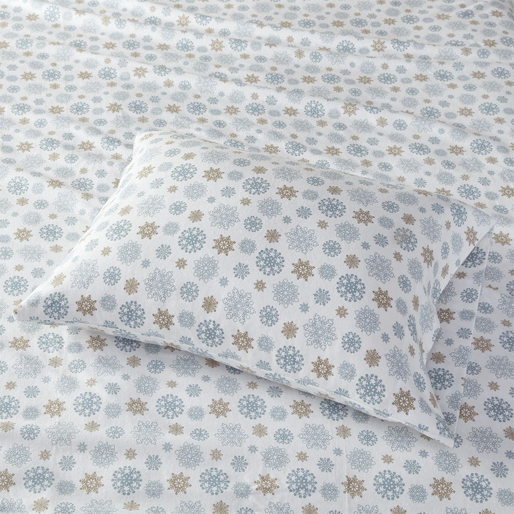 Cozy Flannel - Sheet Set - Tan / Blue Snowflakes