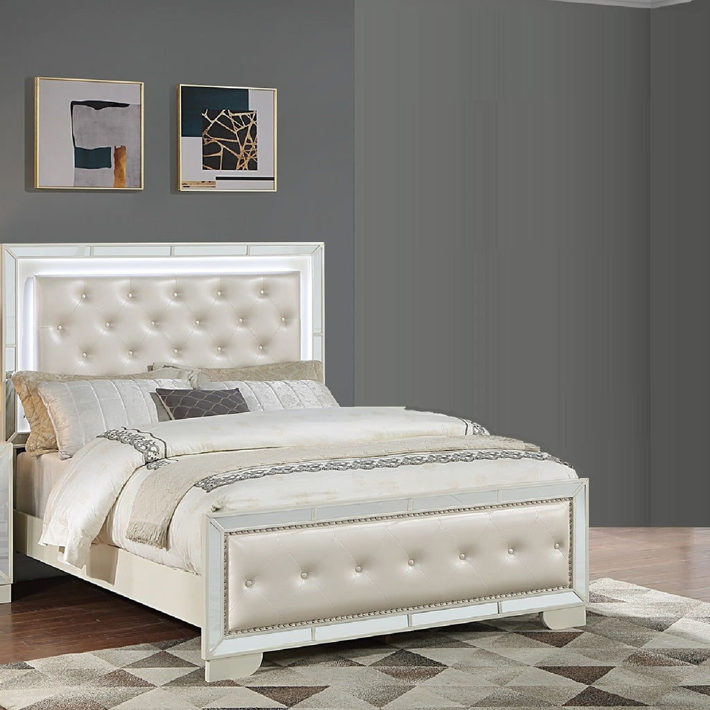 Eastern King Size Bed With LED Lights And Mirror Trim - Cream / Ivory