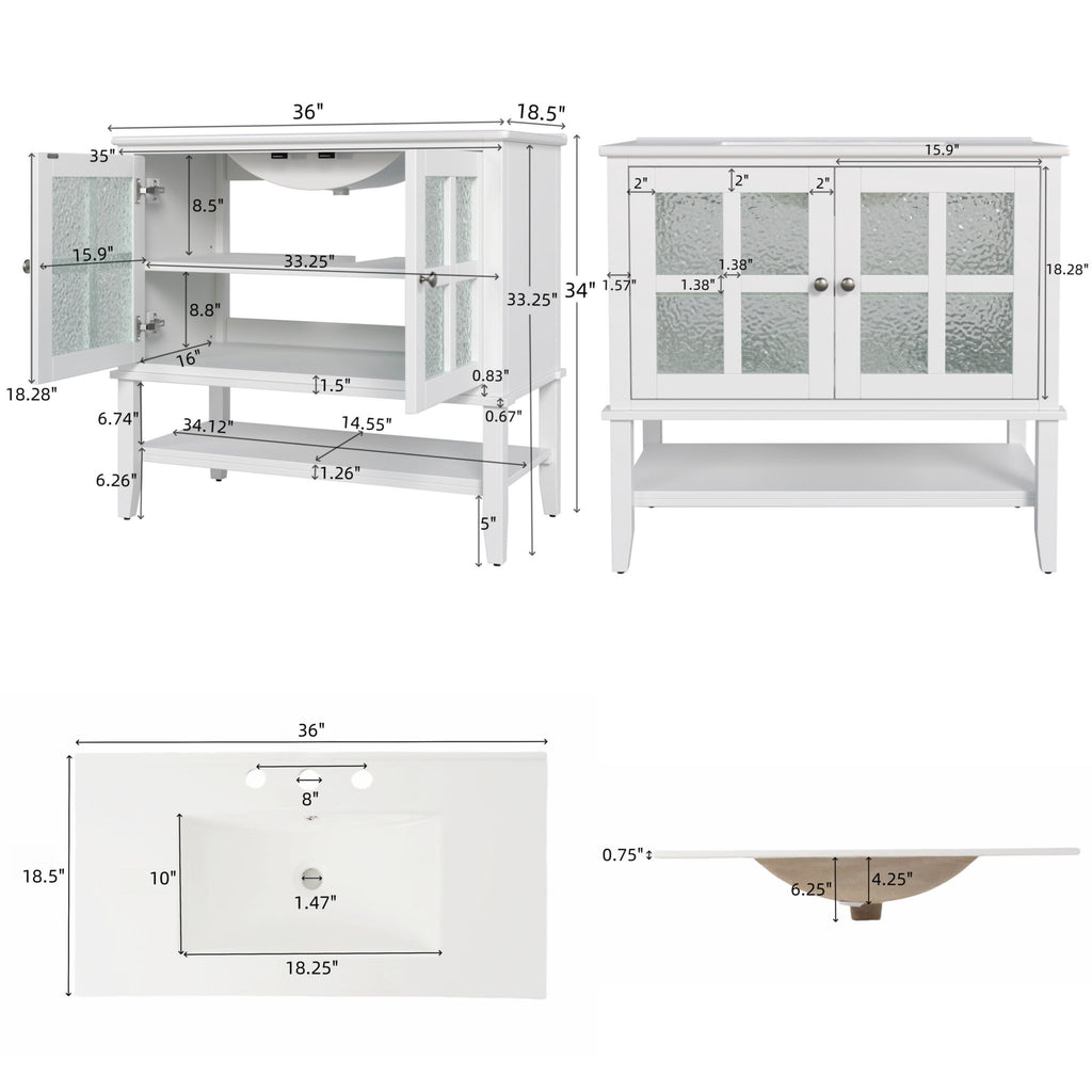 Bathroom Vanity With Ceramic Sink, Adjustable & Open Shelf