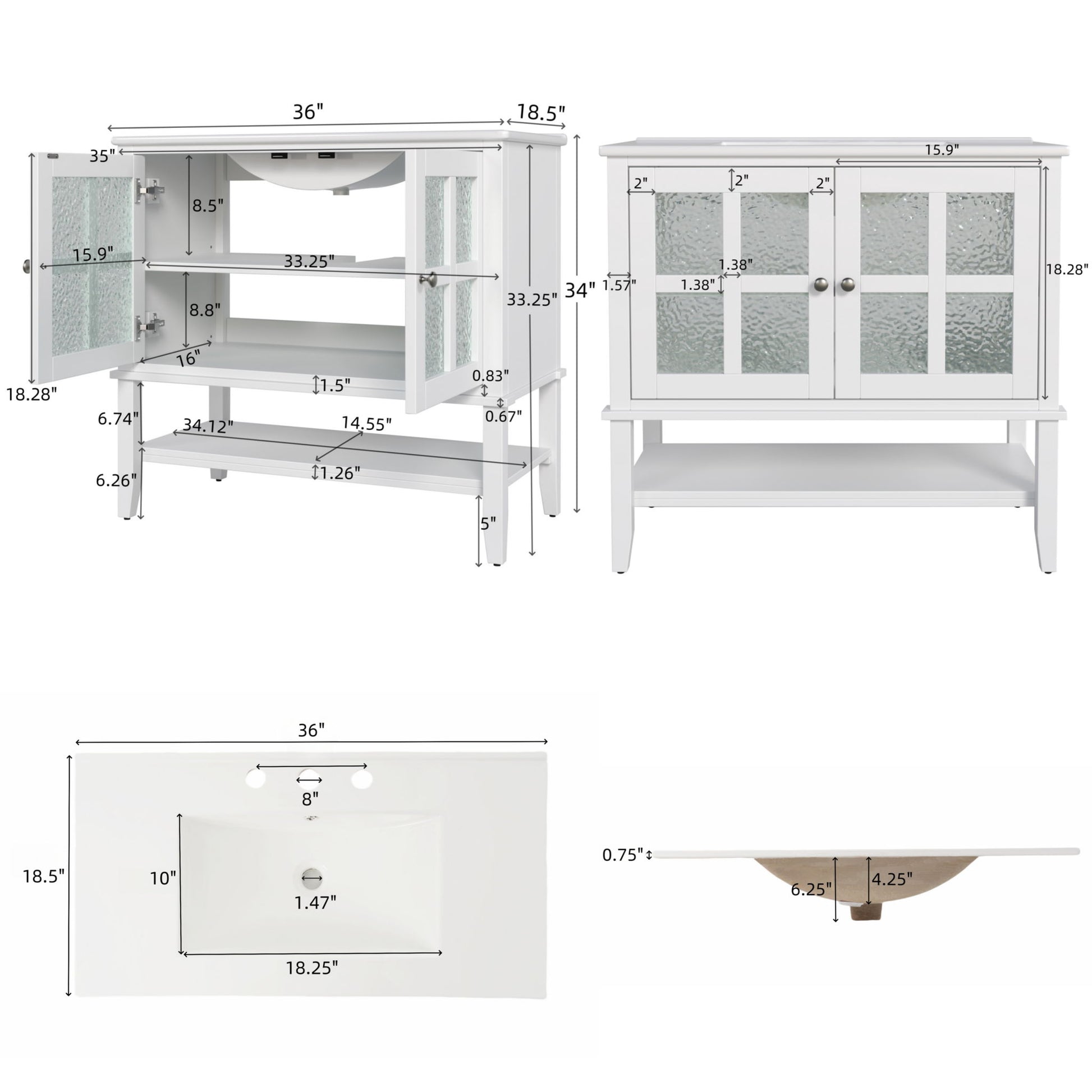 Bathroom Vanity With Ceramic Sink, Adjustable & Open Shelf