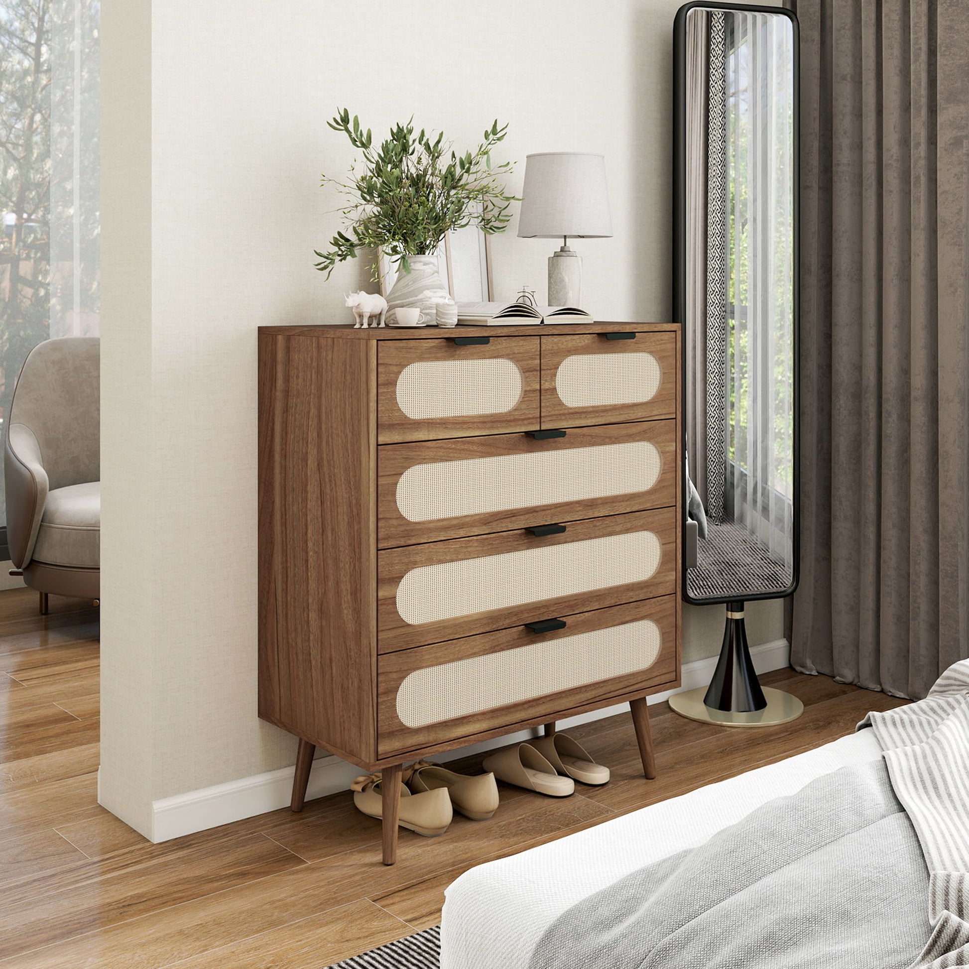 Modern 5 Drawer Accent Storage Cabinet For Living Room, Bedroom, Dining Room, Or Study - Walnut