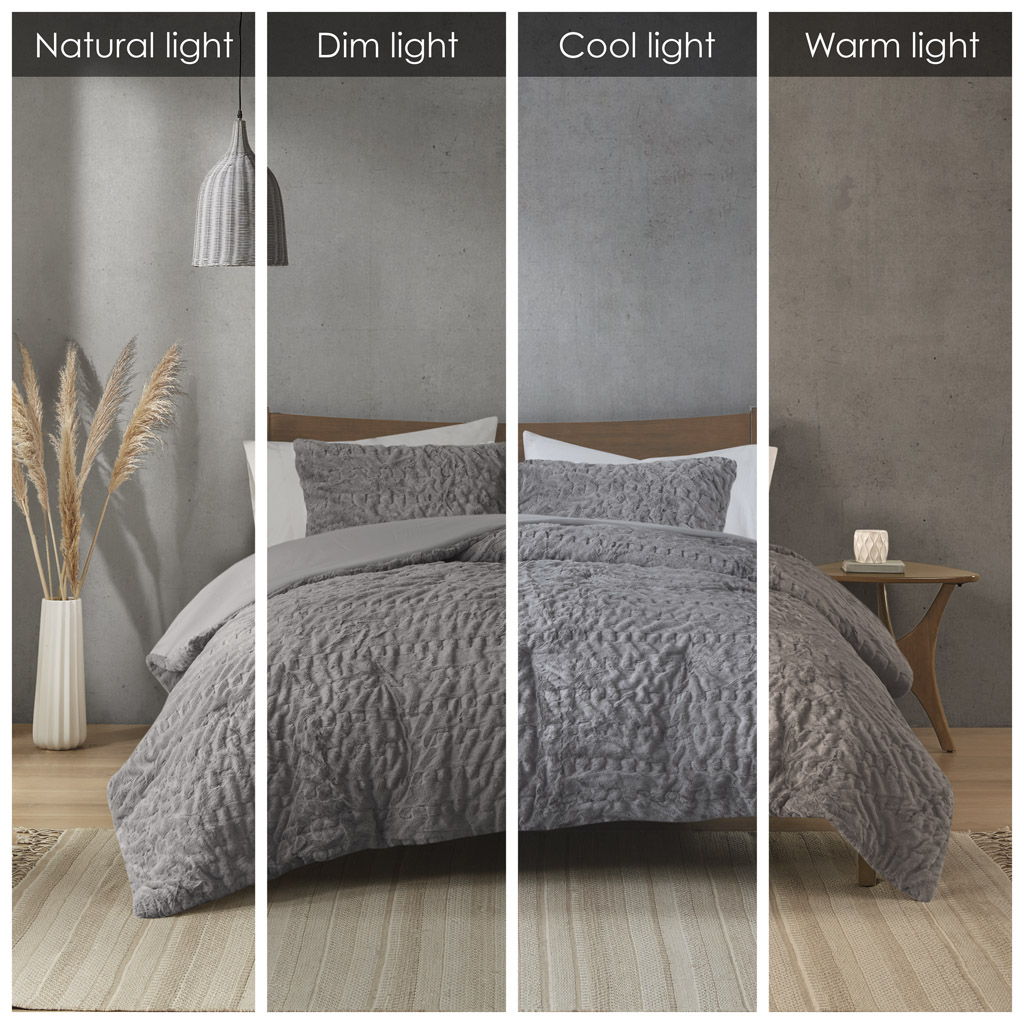 Blair - Ruched Fur Down Alternative King Comforter Set - Gray