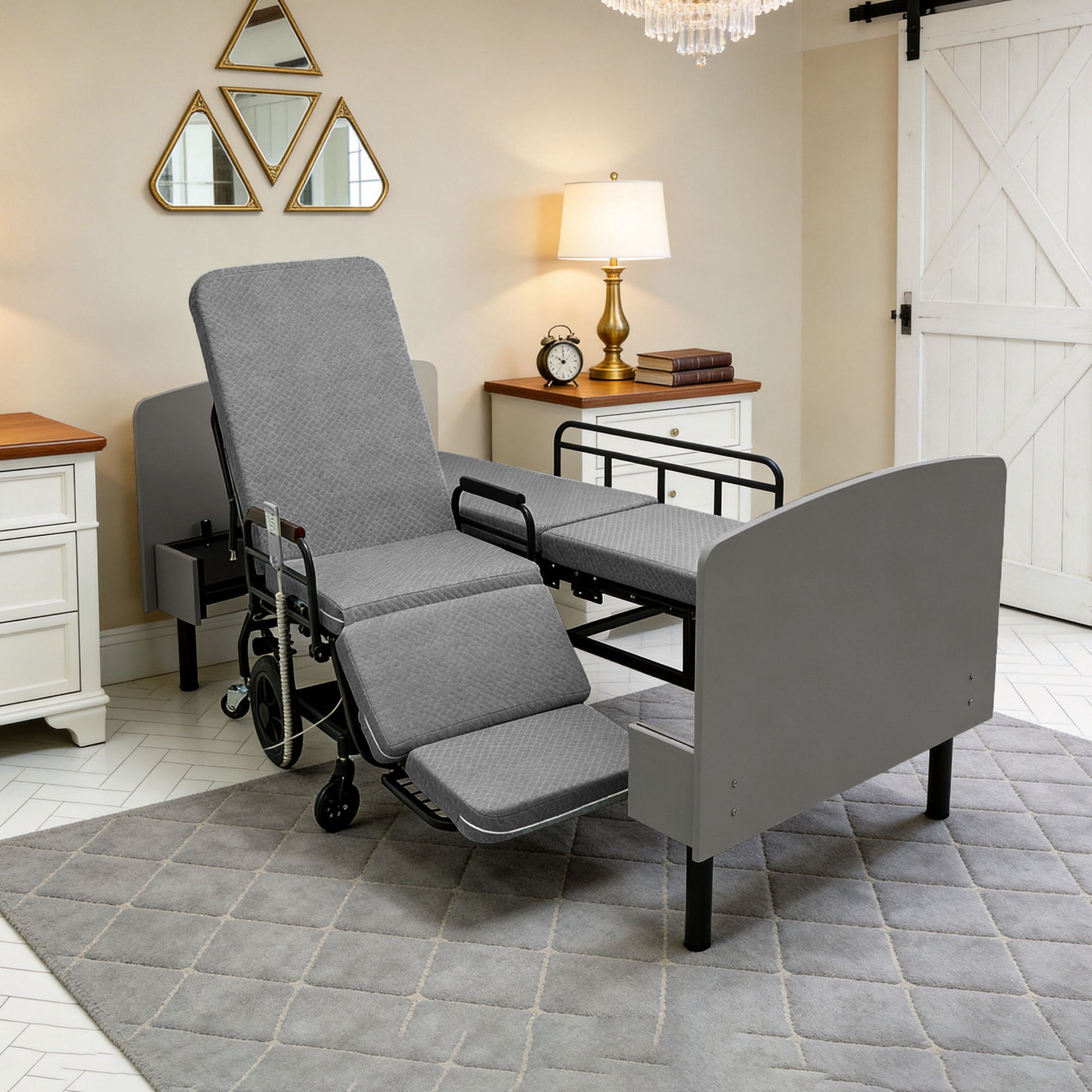 Dual Motor 3 In 1 Electric Nursing Bed Convertible To Wheelchair & Stretcher - Gray