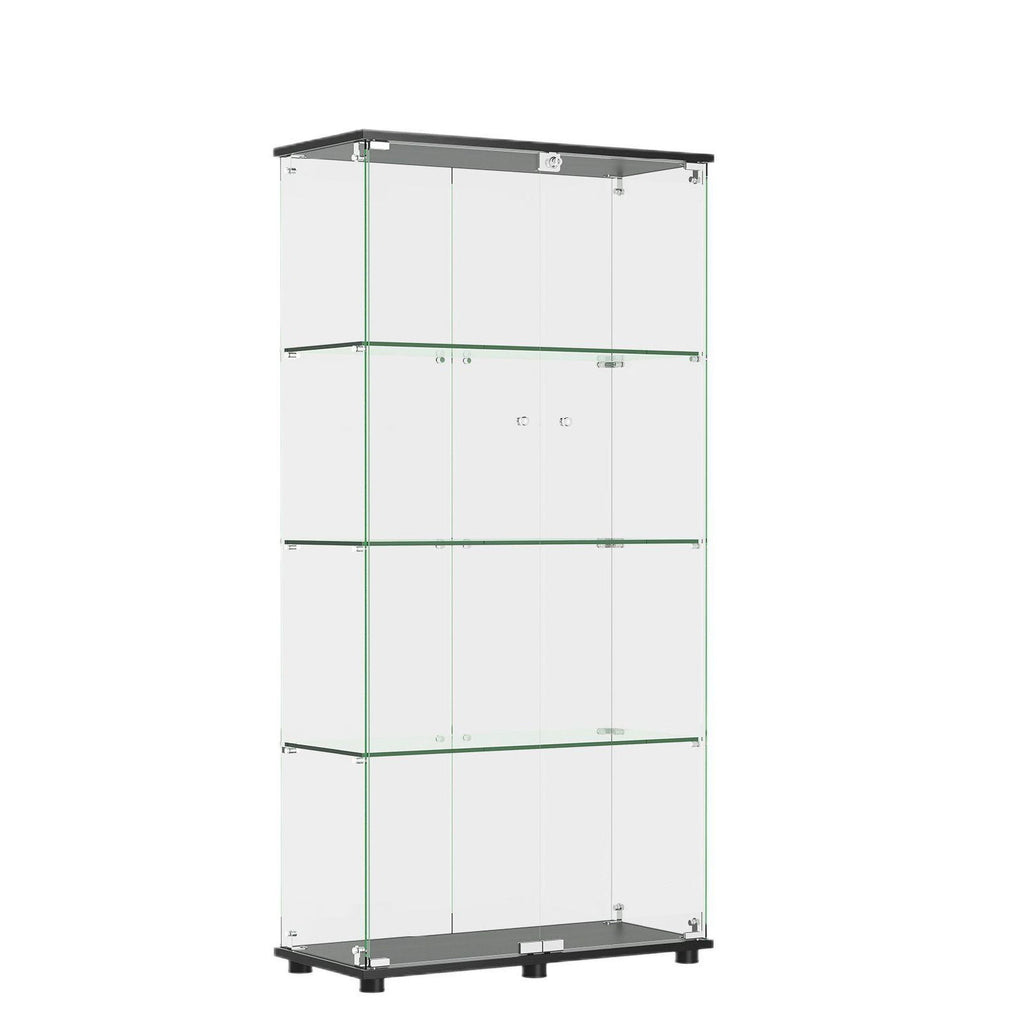 Modern Glass Display Cabinet With 4 Shelf Double Doors And Lock, Tempered Glass Bookshelf For Living Room - Black
