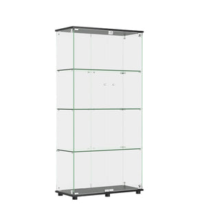 Modern Glass Display Cabinet With 4 Shelf Double Doors And Lock, Tempered Glass Bookshelf For Living Room - Black