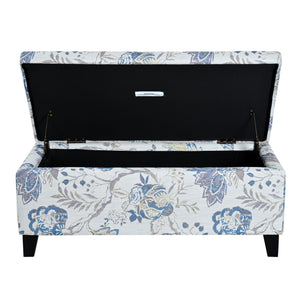 Luxury Storage Ottoman With Floral Patterned Fabric, Soft Close Hinges, Functional Footrest & Seat - Blue Flower / Blue Multi