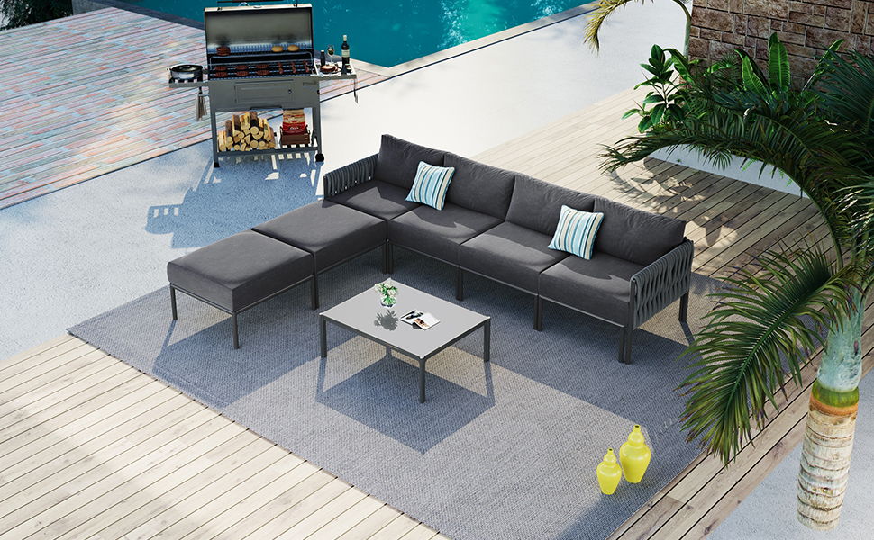 6 Pieces Aluminum Patio Furniture Set, Modern Metal Outdoor Conversation Set Sectional Sofa With Removable Olefin Extra Thick Cushions Cushion - Gray