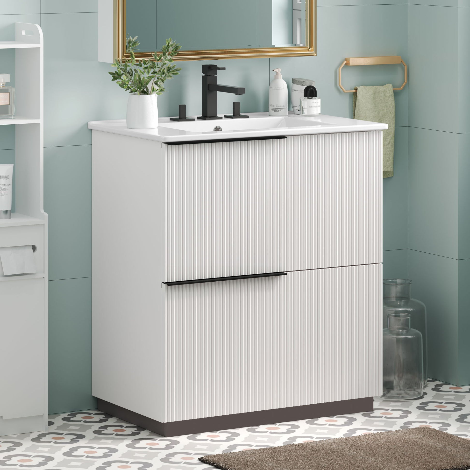 Fluted Bathroom Vanity With Ceramic Sink, Soft Close Slides