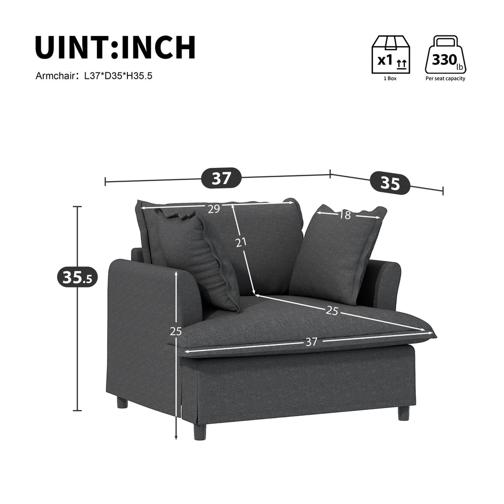 Oversized Single Seat Sofa Module For Modular Sectional Wide Seat, Armchair With Pillows Modern Upholstered Comfy Single Couch Lounge