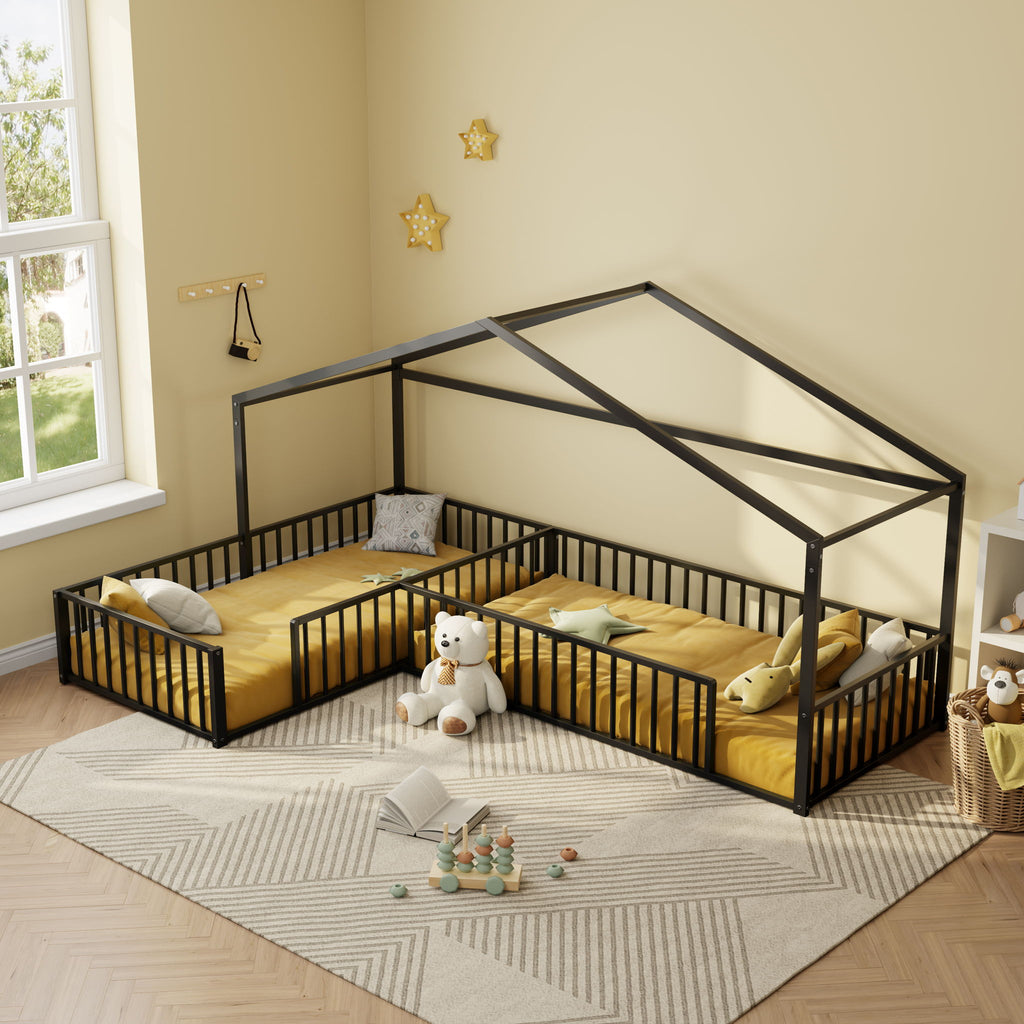 L-Shaped Montessori Bed For 2 Kids With Partitioned Fence