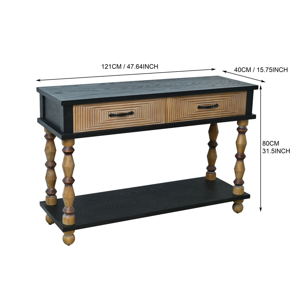 Accent Carved Console Table With Open Shelf And 2 Drawers Living Room - Black / Natural Wood Wash