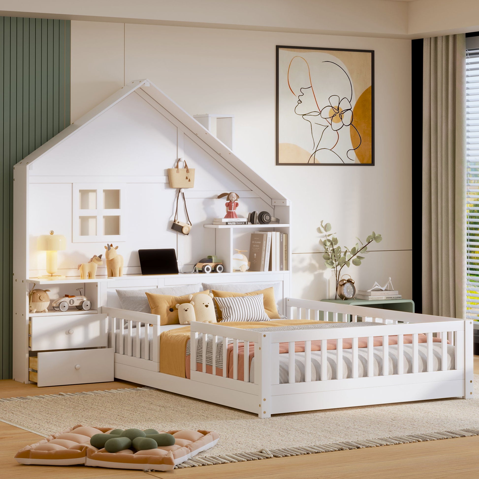 Full Size House Bed With Window And Bedside Drawers, Platform Bed With Shelves And A Set Of Sockets And USB Port - White