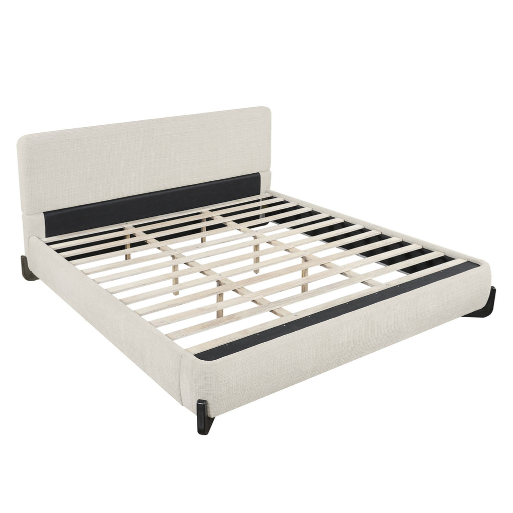 King Upholstered Bed With Slats Support - Beige