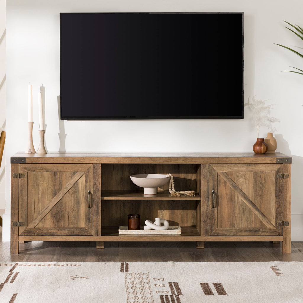 Rustic Farmhouse Double Barn Door 70" TV Stand For 80" TVs With Center Shelves