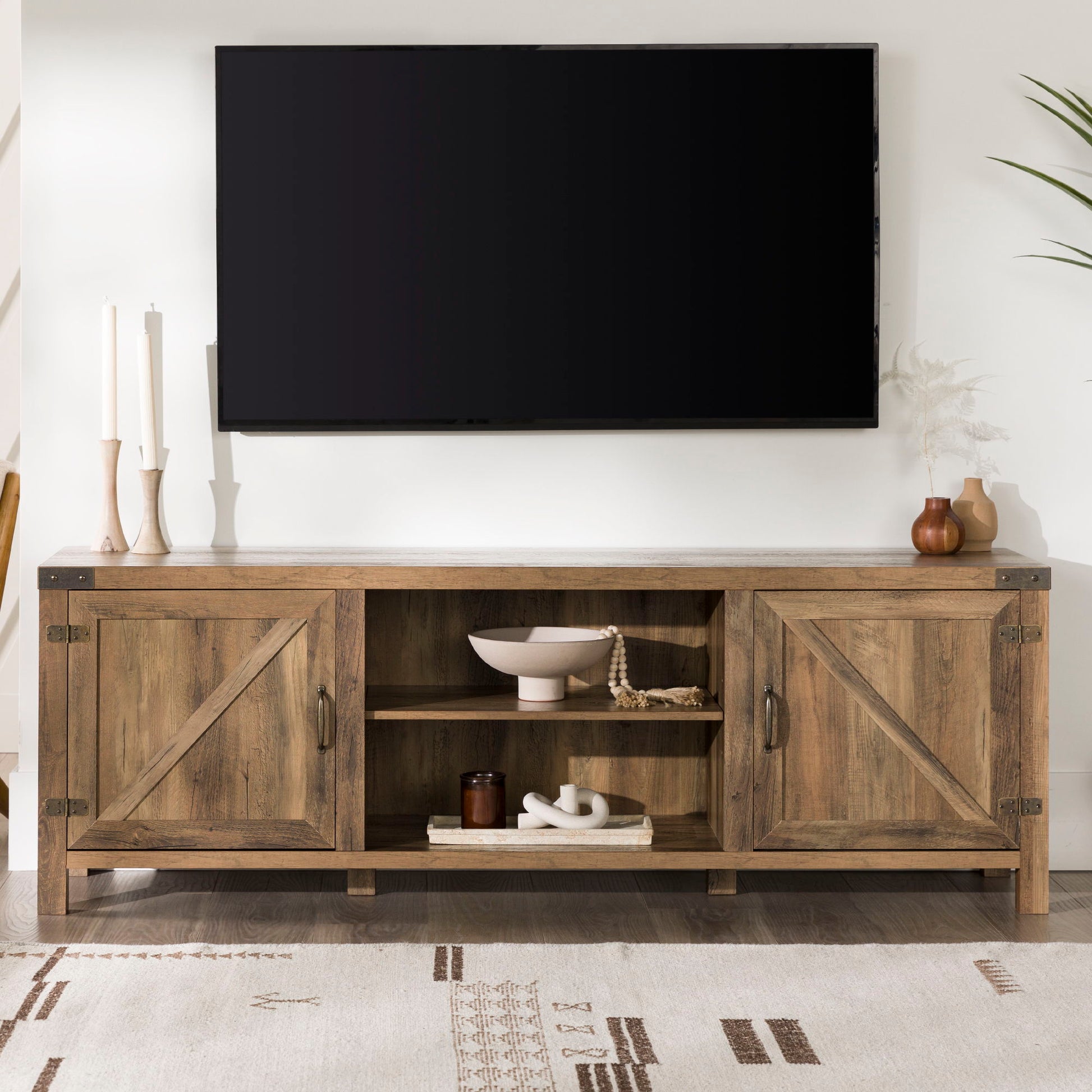 Rustic Farmhouse Double Barn Door 70" TV Stand For 80" TVs With Center Shelves