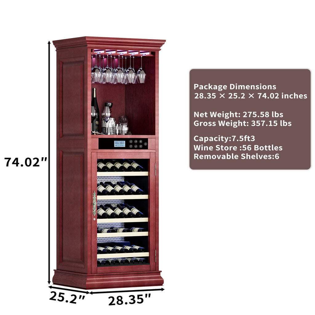 Single Zone Wine Cooler With Tempered Glass Door LED Lighting, 56 Bottle Capacity, Touch Screen Control - Cherry