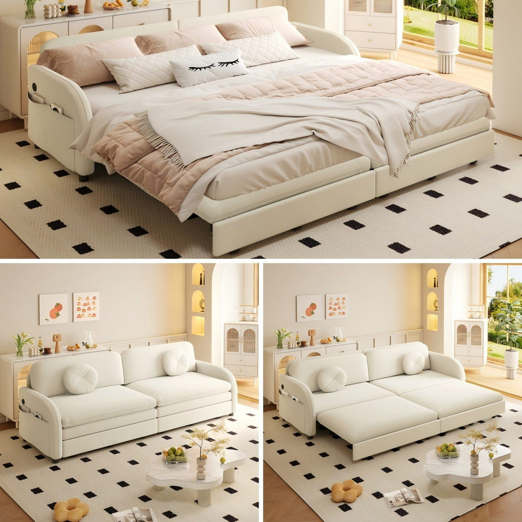 Upholstered Pull Out Couch With Side Pocket & USB Port