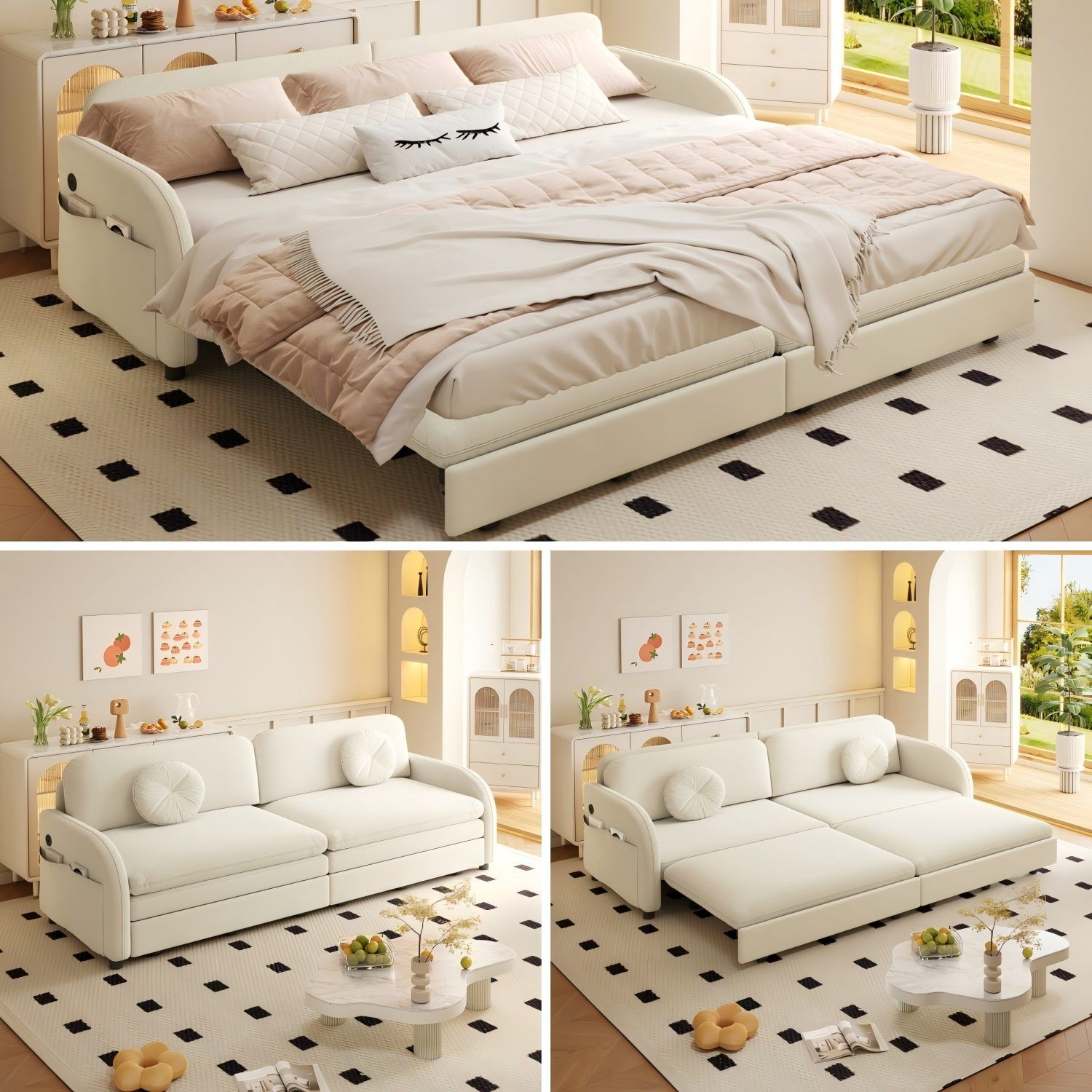 Upholstered Pull Out Couch With Side Pocket & USB Port