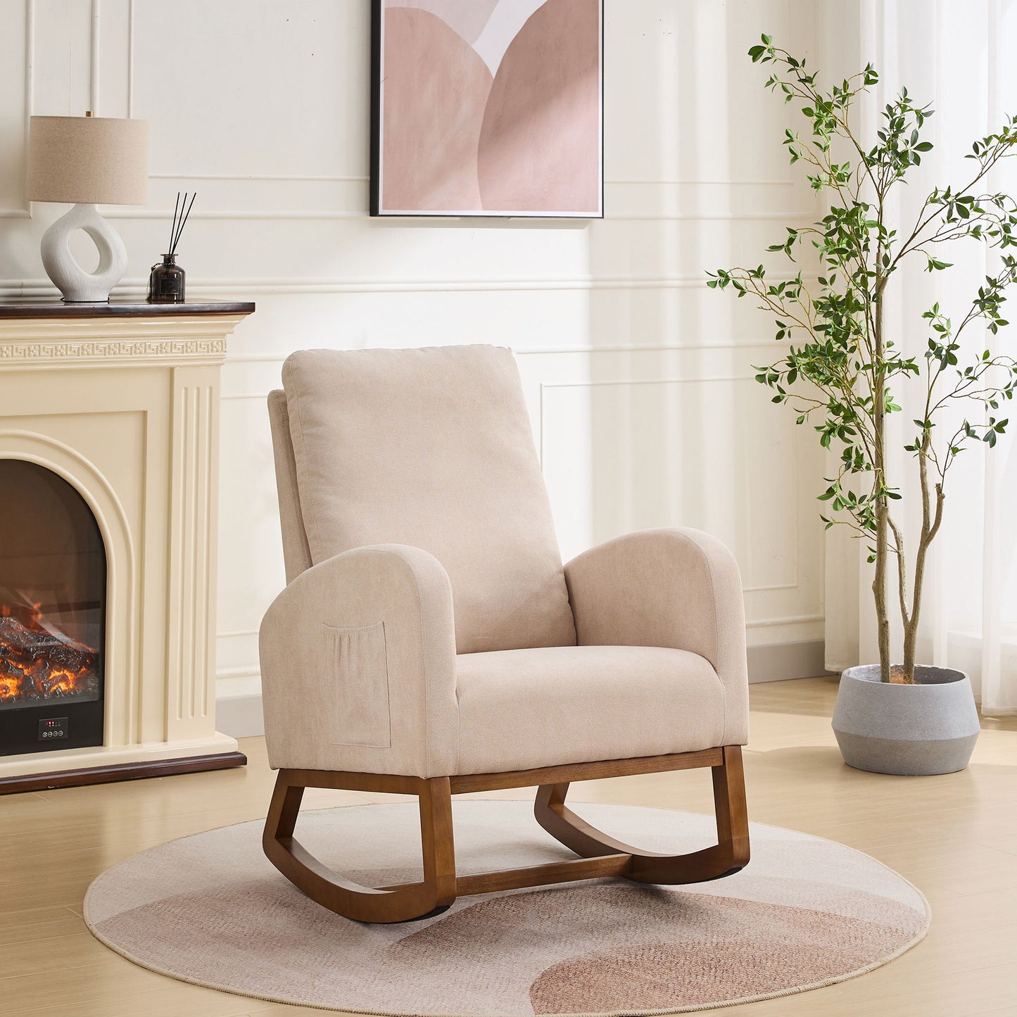 Rocking Chair For Nursery, Polyester Glider Chair With High Back And Side Pocket, Rocking Accent Armchair With Rubber Wood Legs For Living Room / Bedroom