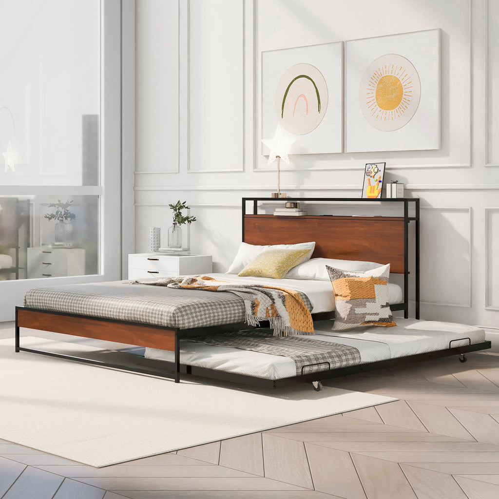 Platform Bed Frame With Trundle, USB Ports And Slat Support, No Box Spring Needed