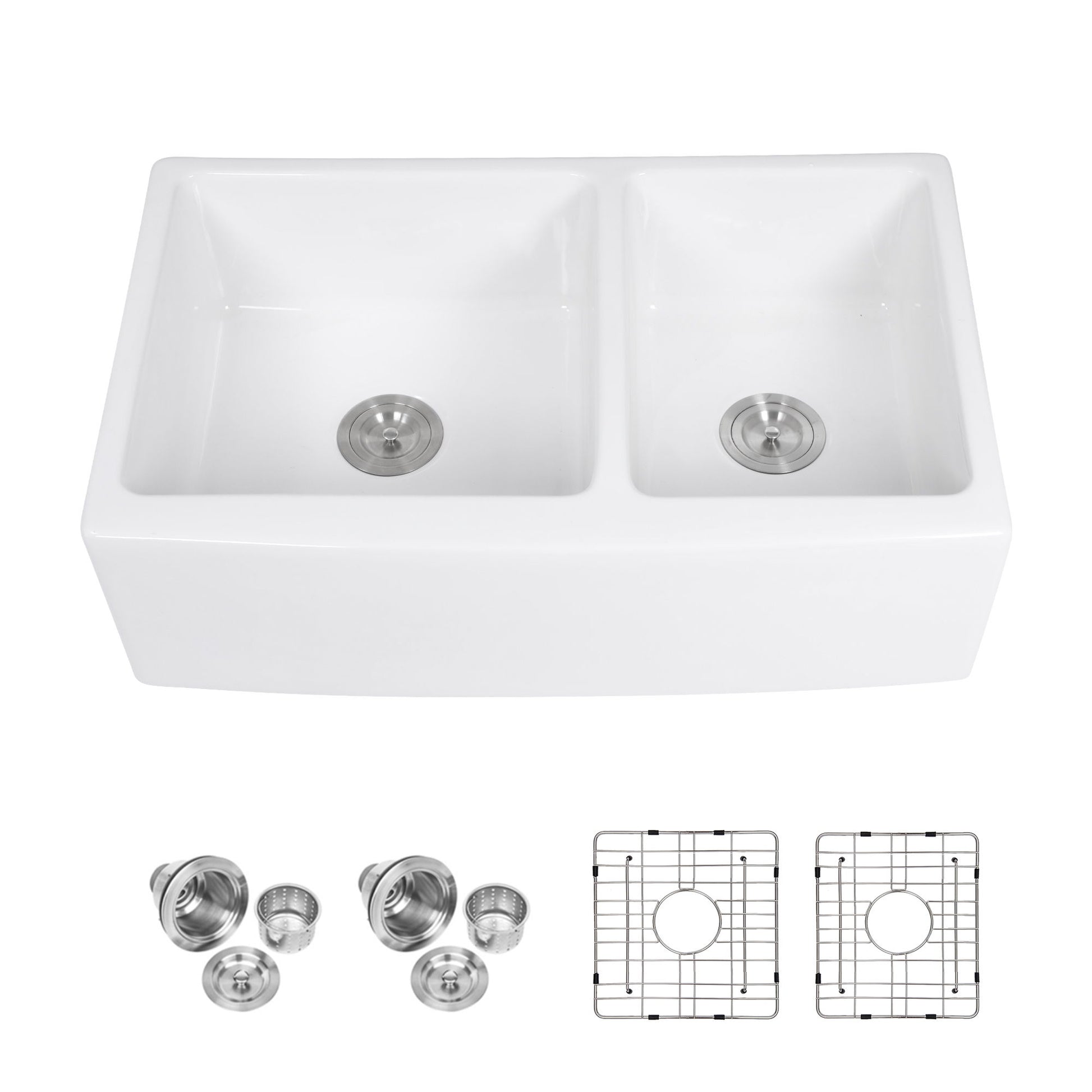 Sink 33" Double Bowl 60 / 40 Kitchen Sink With Deep Basin And Grids - White