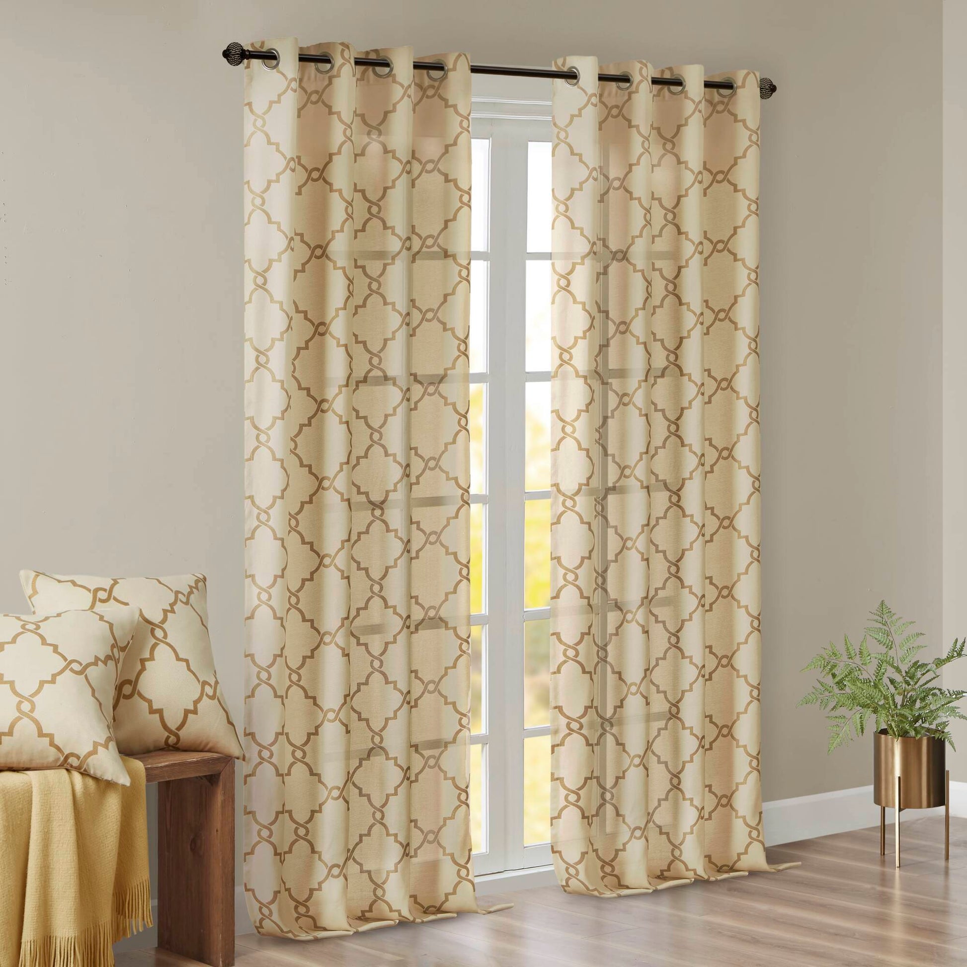 Saratoga - 95" Fretwork Print Grommet Top Window Curtain - Beige / Gold