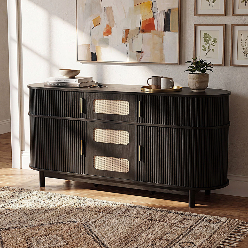 Fluted Sideboard Buffet Cabinet With Sliding Doors And Adjustable Shelves