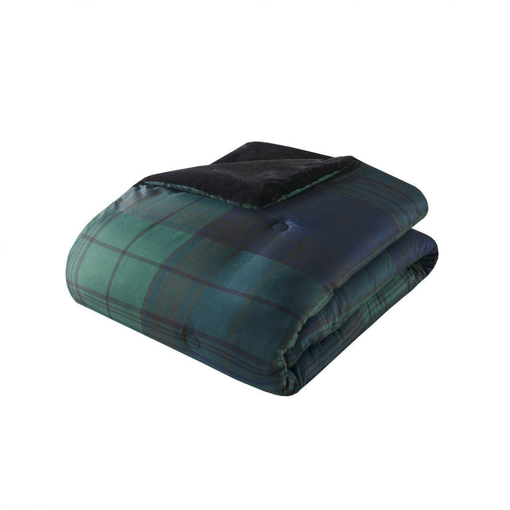 Bernston - Faux Wool to Faux Fur Down Alternative Queen Comforter Set - Green Plaid