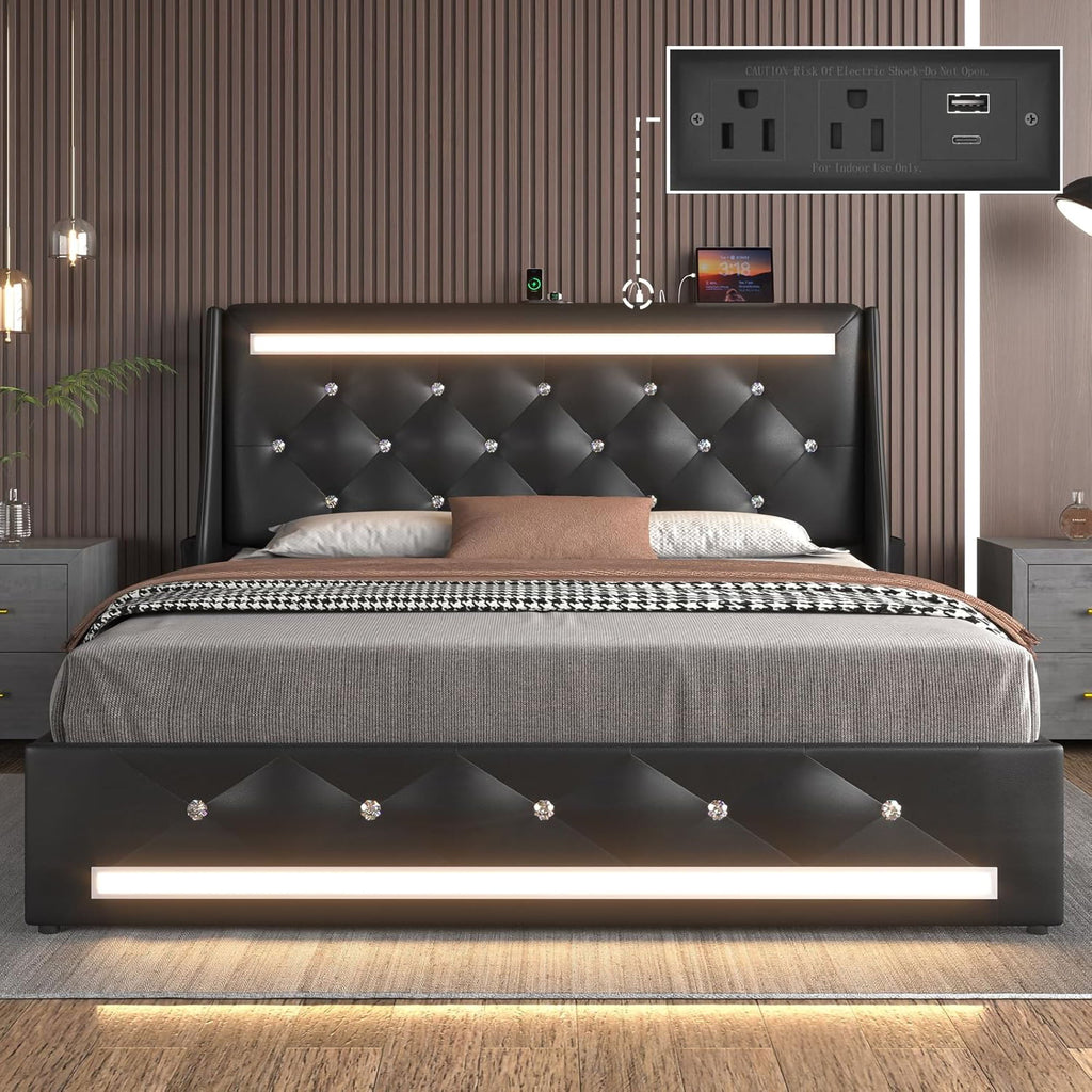 Wingback Upholstered Bed Frame With LED Lights, Charging Station