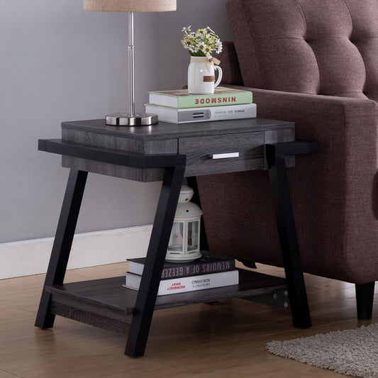 Home End Table With Drawer, Side Table With Storage Shelf - Distressed Grey & Black