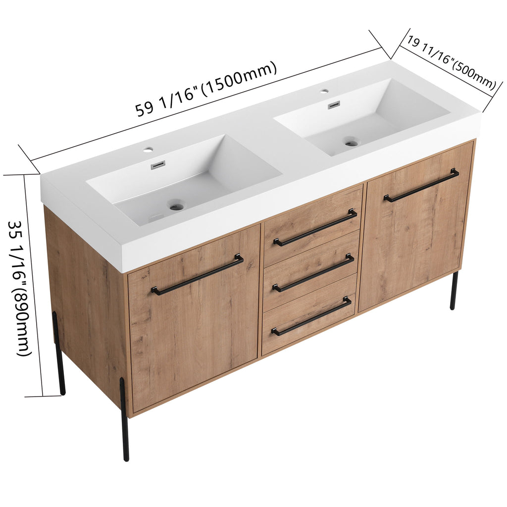60" Freestanding Bathroom Vanity With Double Sink, Soft Close Doors, 3 Drawers - Imitative Oak