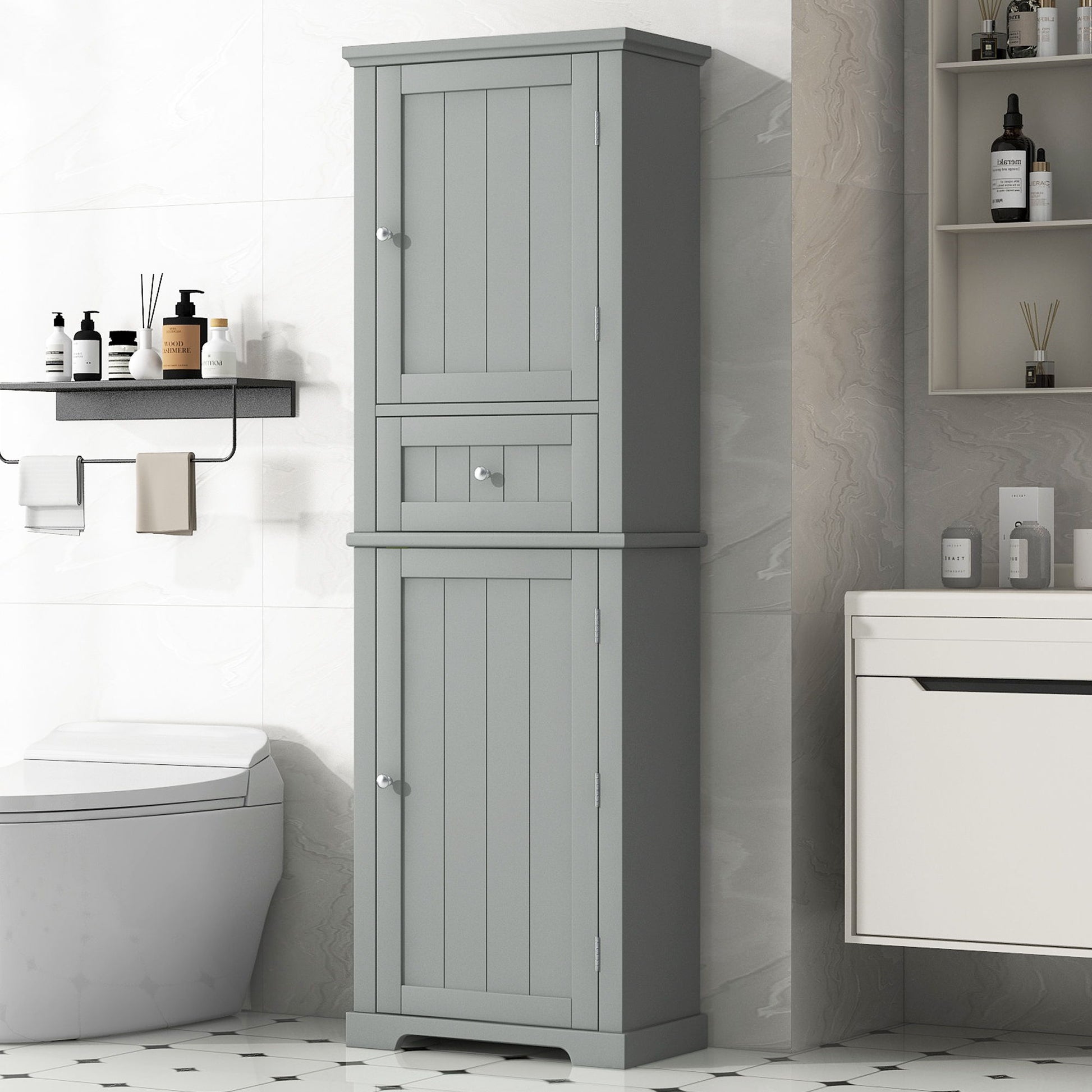 Tall Freestanding Bathroom Storage Cabinet With Drawer And Adjustable Shelf