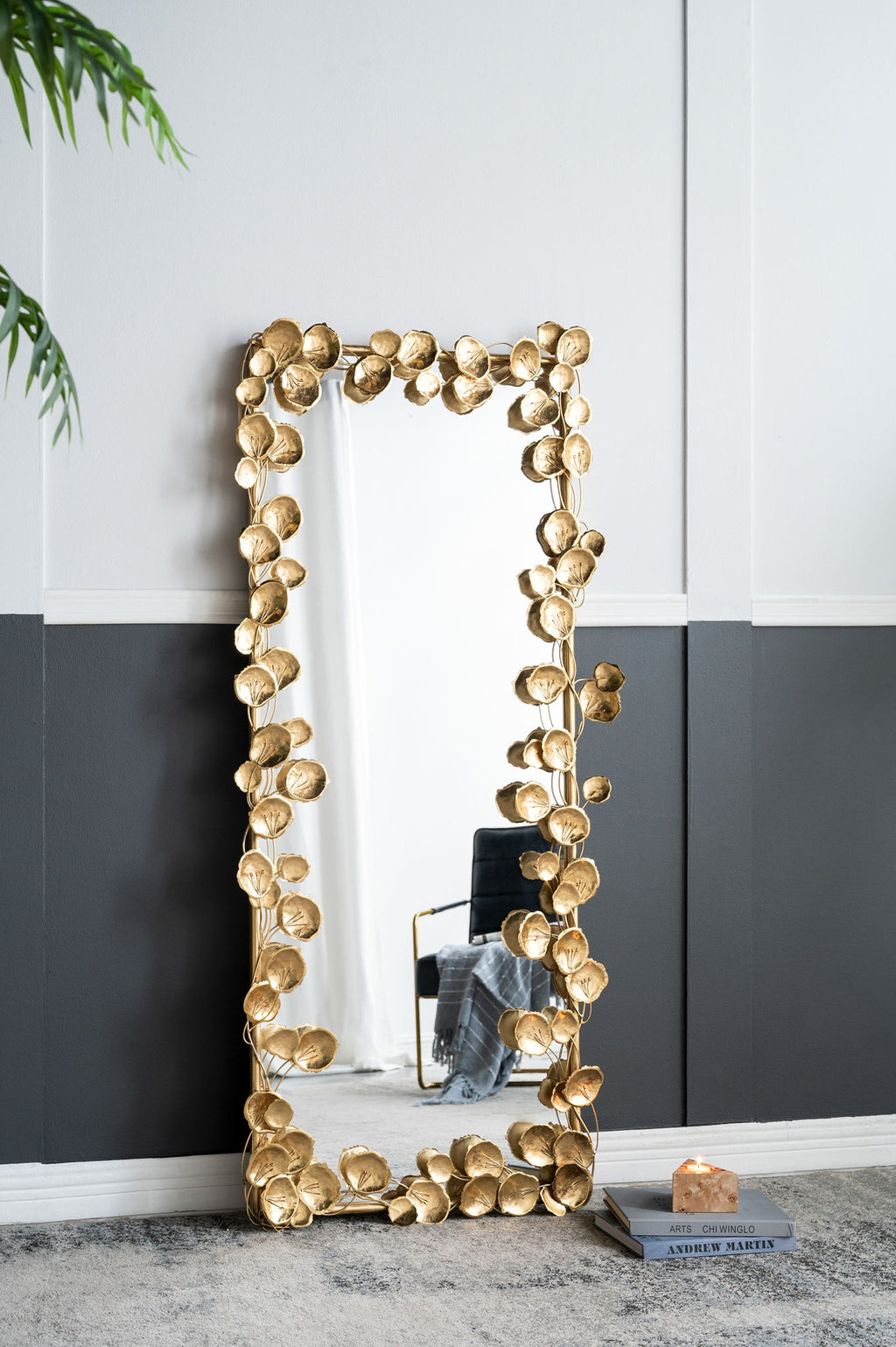 Full Length Mirror With en Leaf Accents, Floor Miiror For Living Room Bedroom - Gold