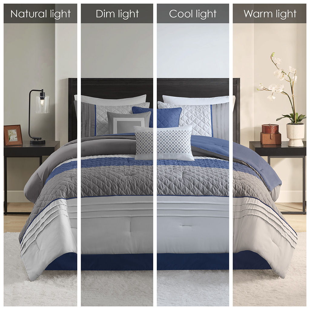 Jenson - 7 Piece Color Block Stripe Comforter Set With Throw Pillows - Blue / Gray