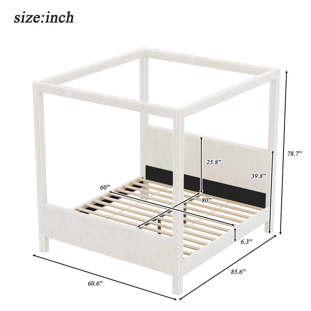 Upholstered Canopy Platform Bed With Headboard And Footboard, Vertical Ribbed Design