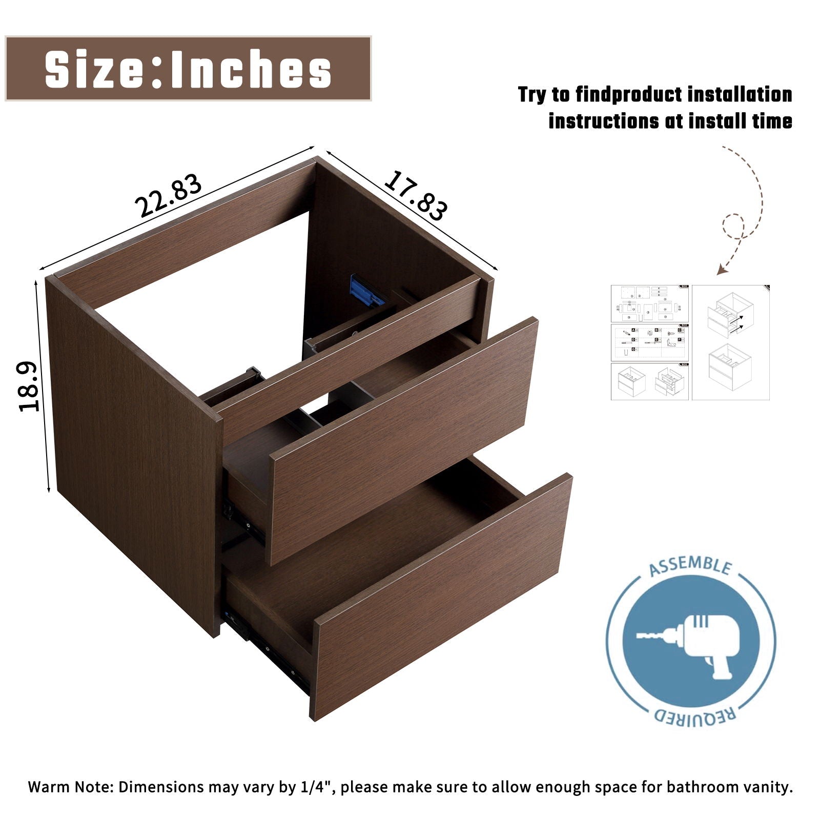 Wall-Mounted Bathroom Vanity, Soft-Close Drawer, Premium Slides - Black Brown