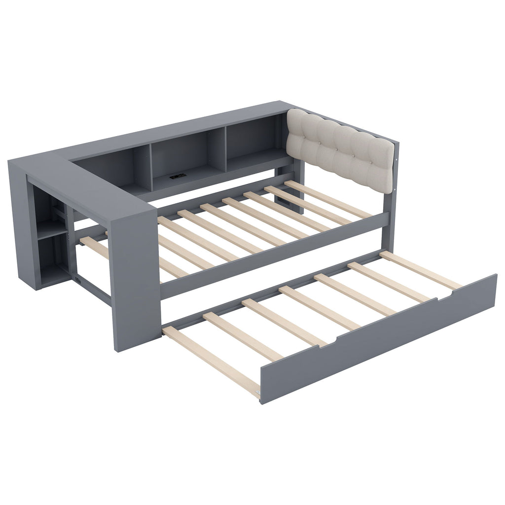 Upholstered Headboard Platform Bed With Storage Shelves, Trundle, Charging Station