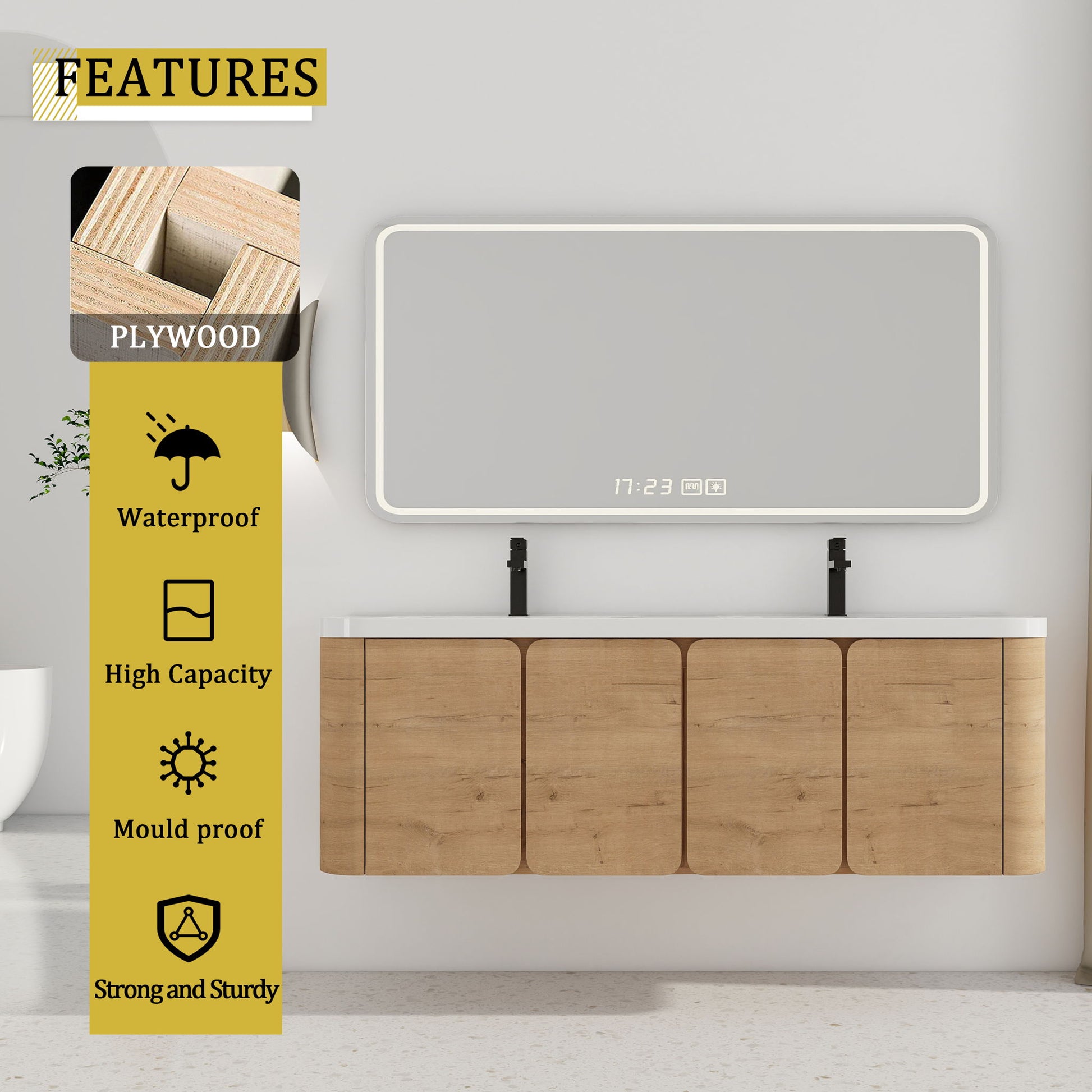 Wall Mounted Bathroom Vanity With Sink, 3 Soft Close Doors