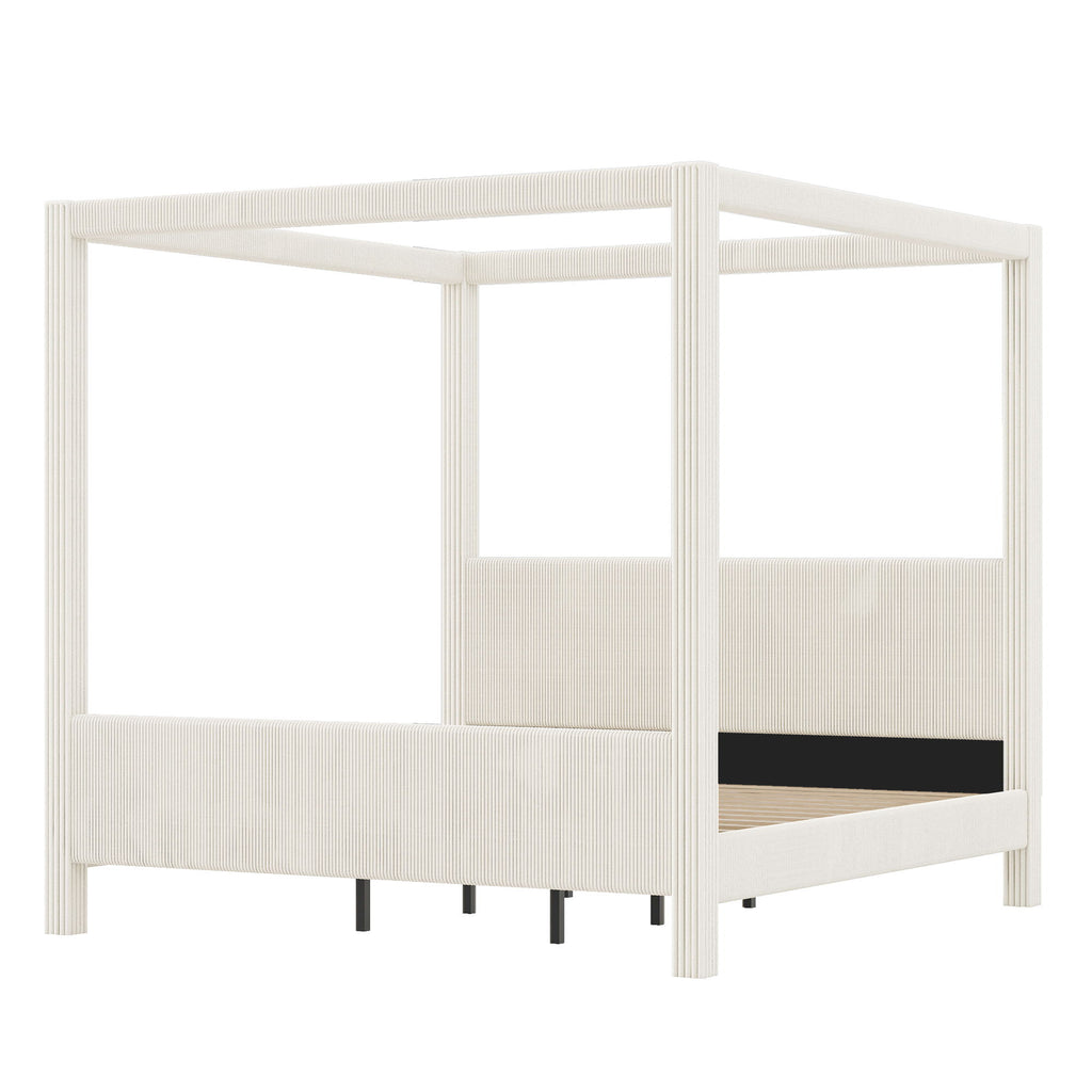 Upholstered Canopy Platform Bed With Headboard And Footboard, Vertical Ribbed Design