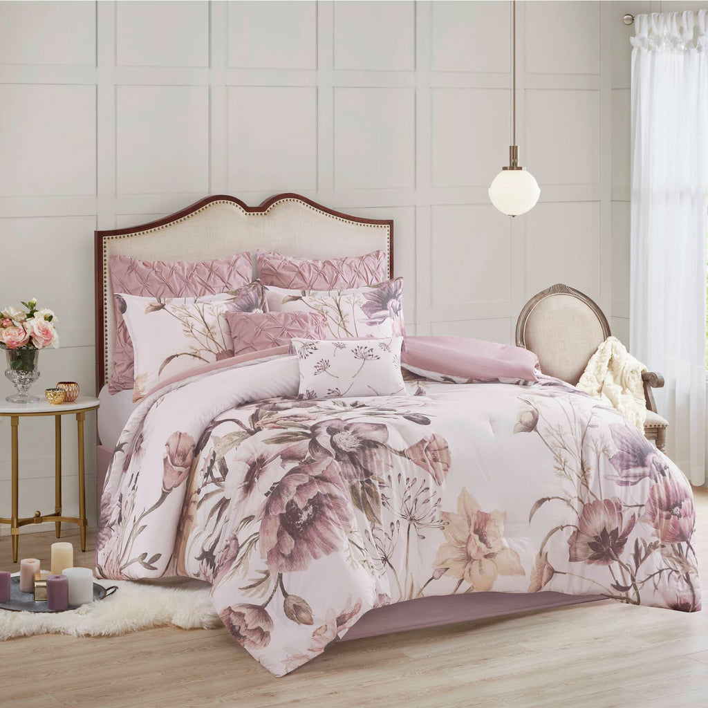Cassandra - Queen 8 Piece Printed Comforter Set - Blush