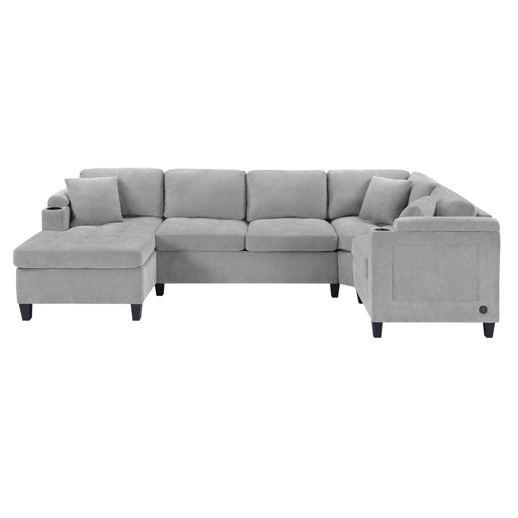 U Shaped Sectional Sofa, Corner Living Room Couch With Built In Cup Holders, Storage, USB Ports