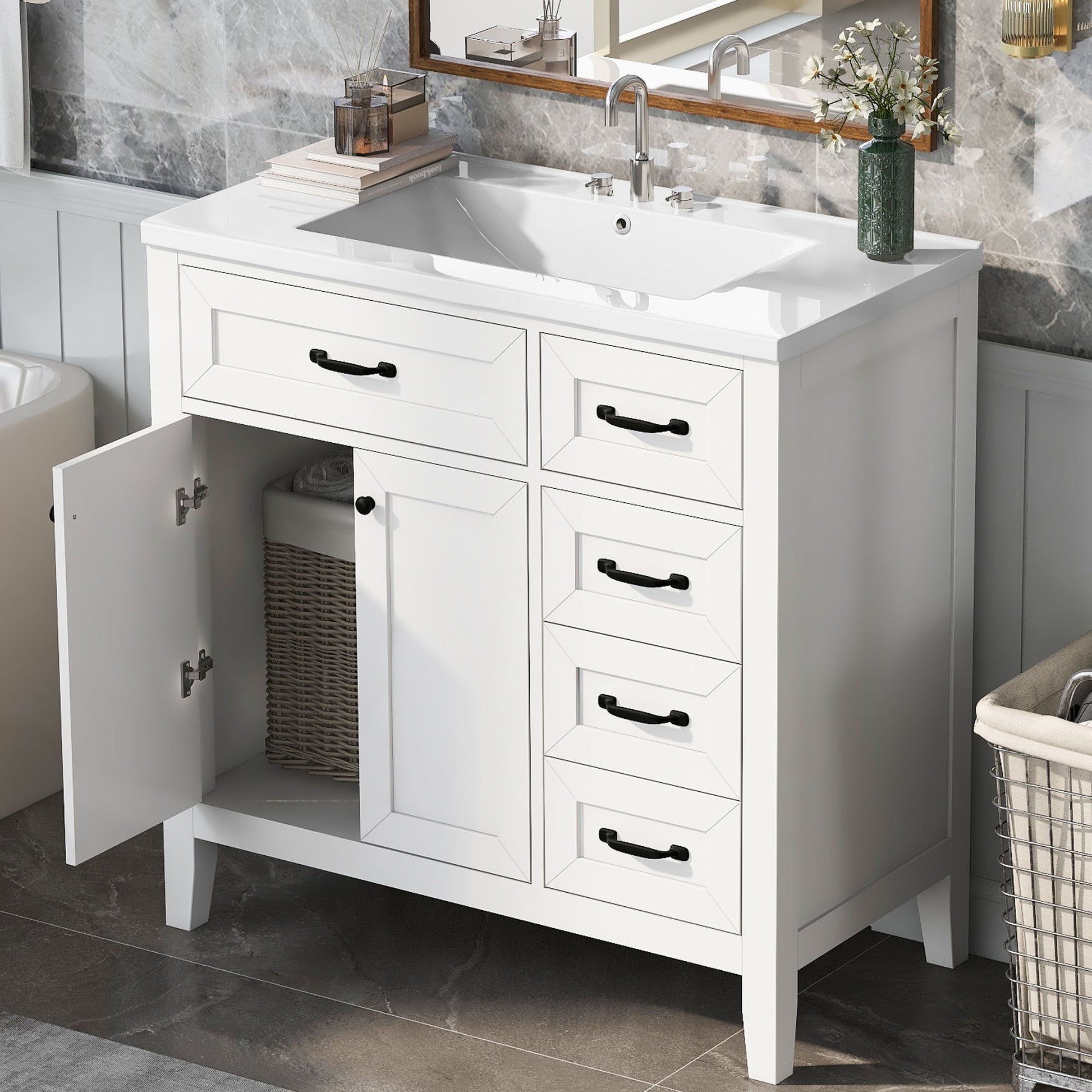 Modern Bathroom Vanity With Sink, Freestanding Design With Drawers And Doors