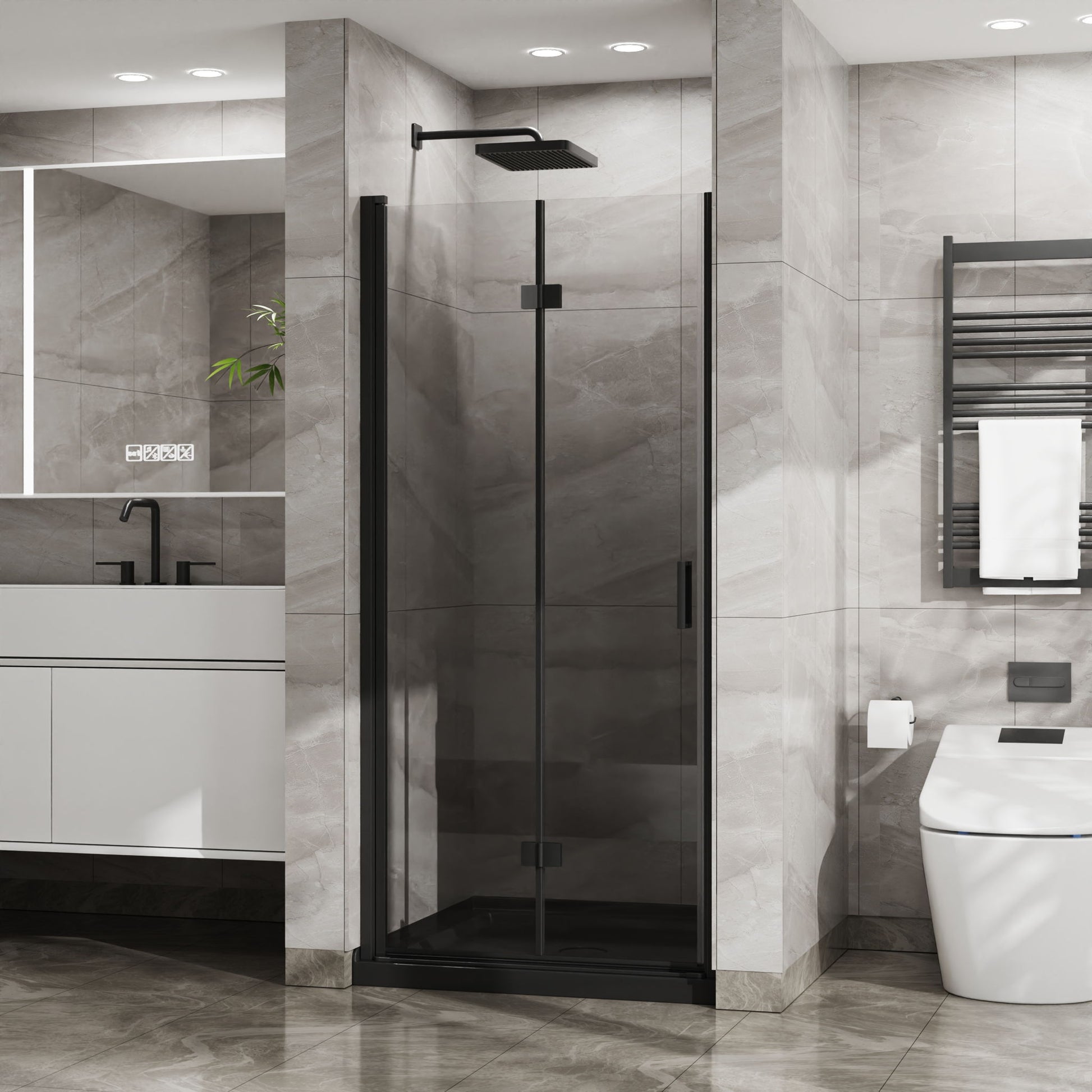 Bifold Frameless Glass Shower Door With Pivot Swing Panel, Tempered Clear Glass