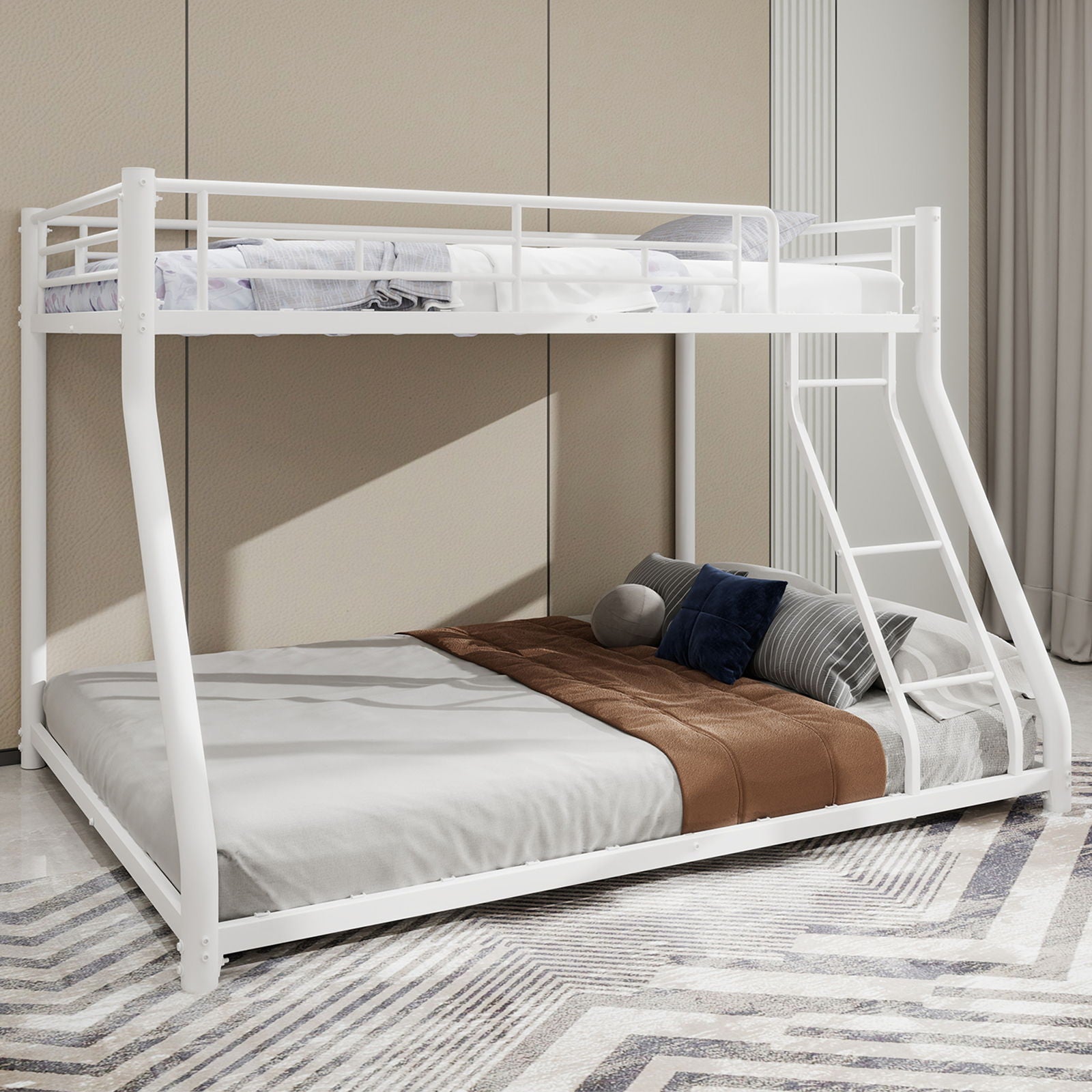 Bunk Bed Frame With Ladder And Guardrail, Heavy Duty Noise Free Design Metal Construction